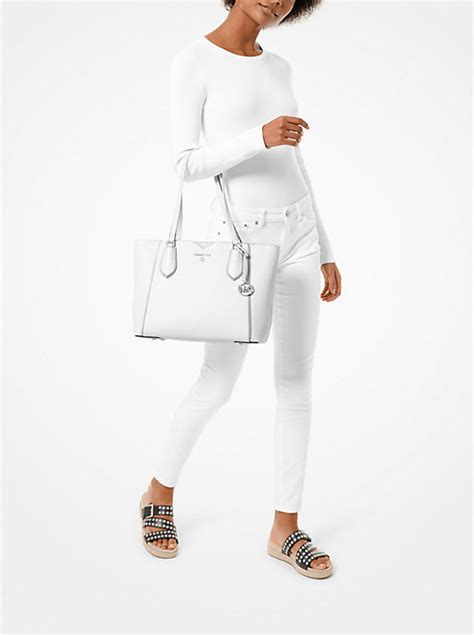 michael kors mae large white cost|Mae Medium Pebbled Leather and Logo Tote Bag .